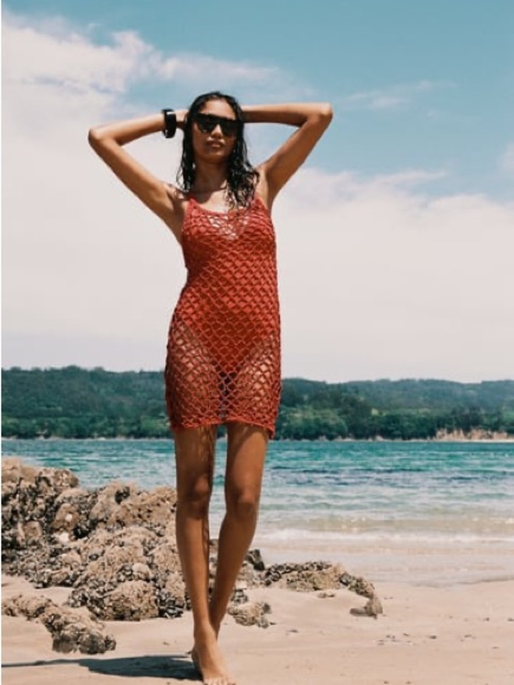 Zara Crochet Net Beach Cover Up Dress Rust Red Womens Small Mesh Swim Bohemian